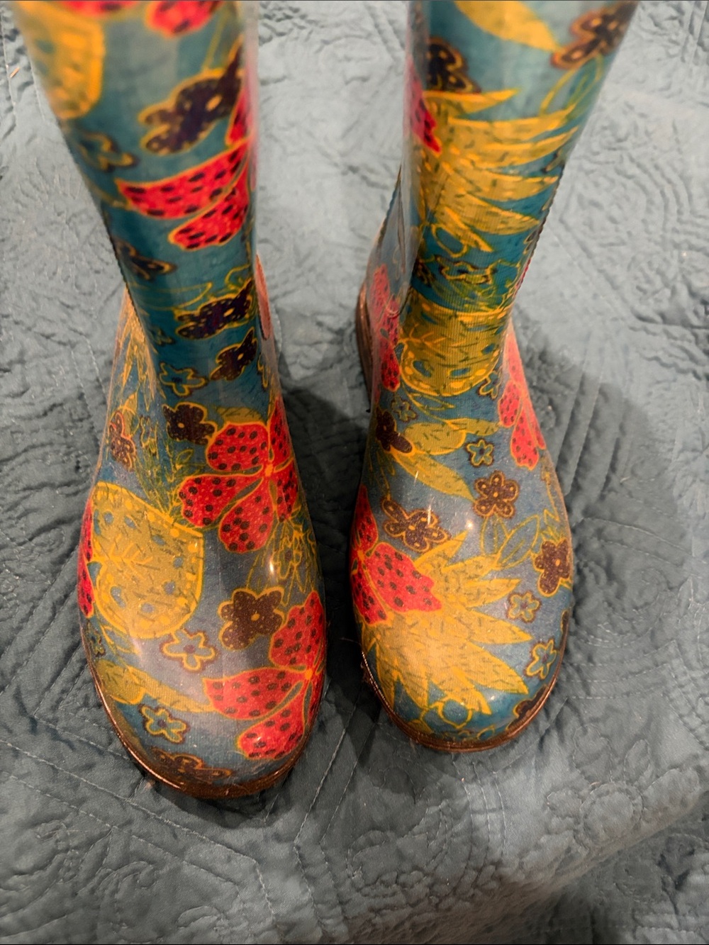 Sloggers Teal Floral Rain Boots with Red & Gold Accents
